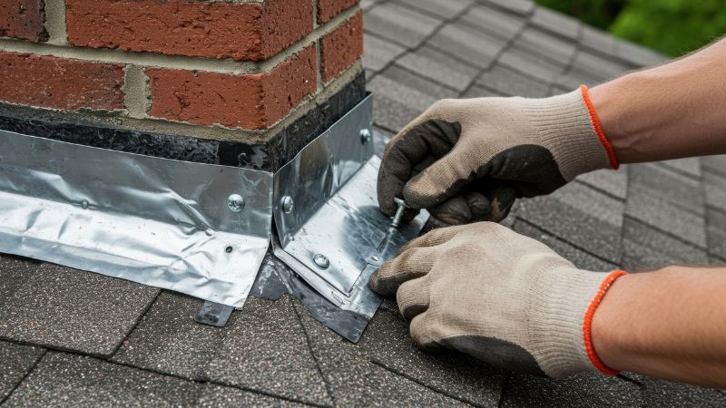 couvreur en pleine réparation d'un solin de cheminée : une cause fréquente de fuite sur toiture