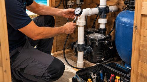 Technicien spécialisé en recherche de fuite piscine effectuant un test de mise sous pression