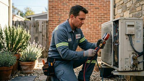 réparateur de climatisation à domicile diagnostiquant l'unité extérieure