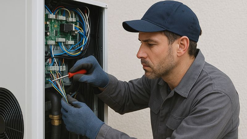 Professionnel en train de vérifier les connexions d'une PAC Atlantic