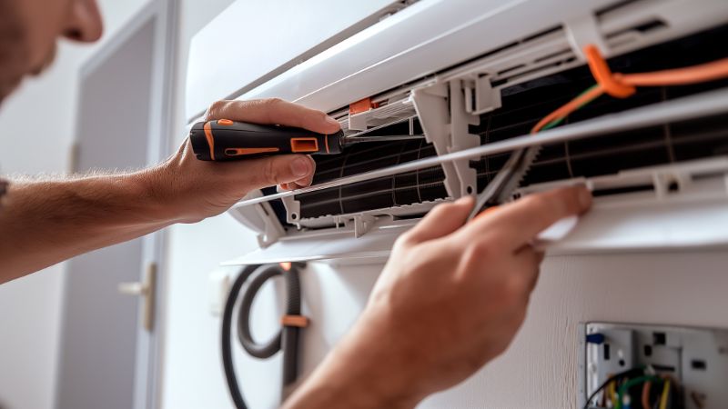 Professionnel en train de démonter le filtre d'une unité intérieure, pour illustrer le concept de prestation et de tarif d'entretien pour une climatisation.
