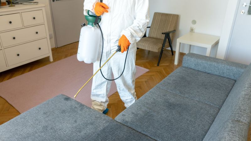 Professionnel en train de pulvériser un traitement chimique contre les punaises de lit