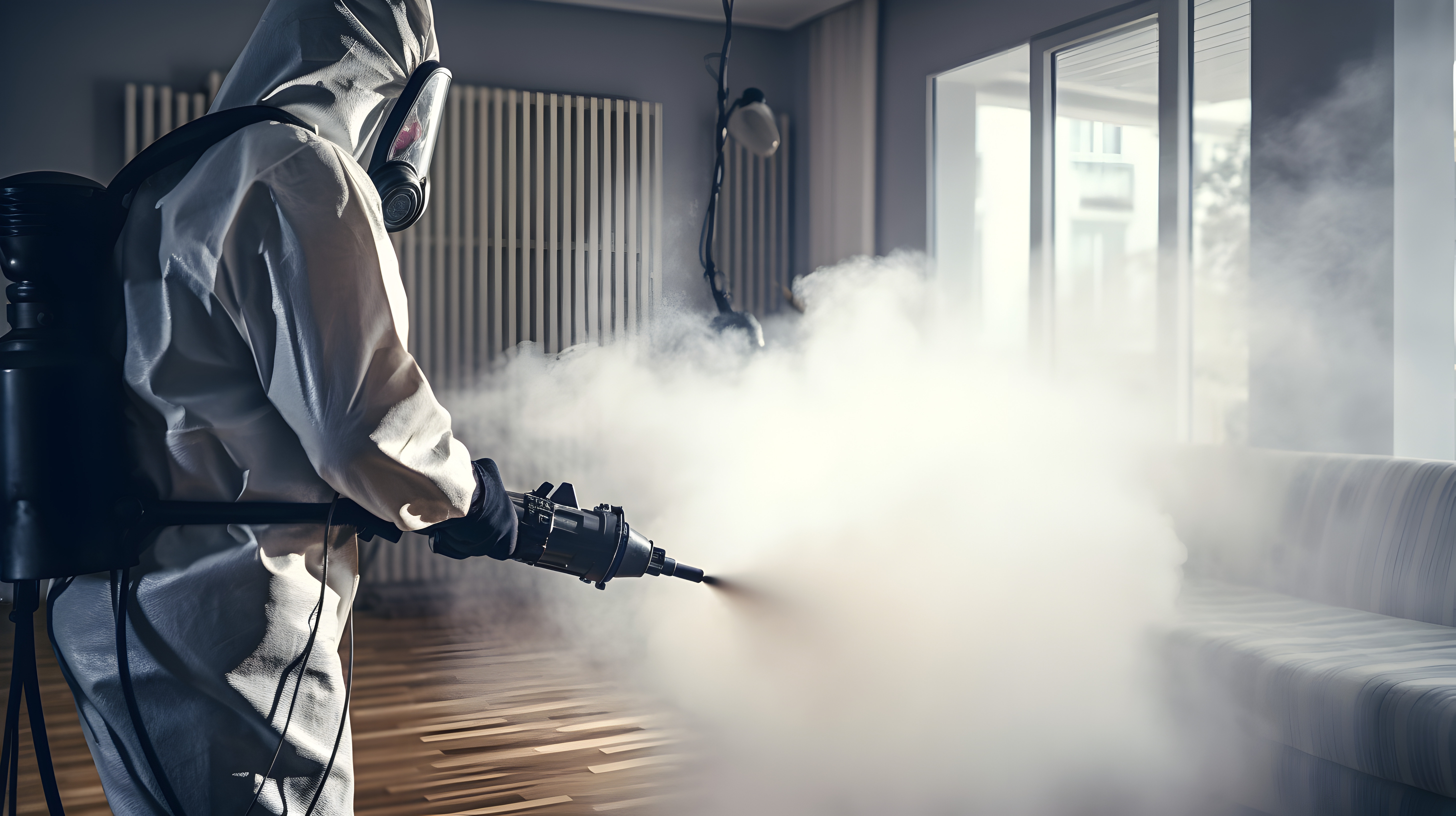 Professionnel en train d'effectuer un traitement thermique à la vapeur contre les punaises de lit