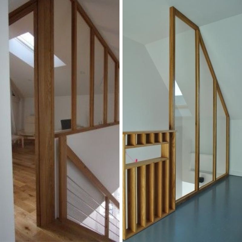 verrière en bois dans l'escalier garde-corps