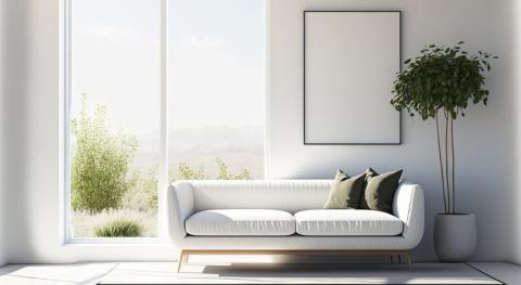 bel interieur moderne au style lumineux et bien range avec un canape a cote d une immense fenetre