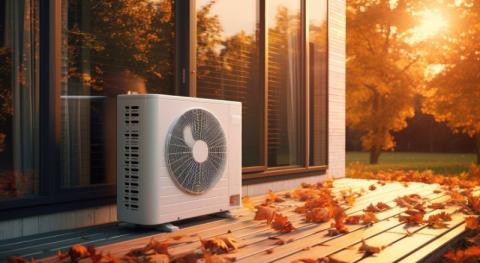 unite exterieure pompe a chaleur dans une maison moderne en automne