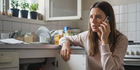Locataire inquiète au téléphone dans sa cuisine après la découverte de rongeurs – illustrant la question courante : la dératisation est-elle à la charge du locataire ou du propriétaire ?