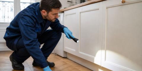 Technicien spécialisé en désinsectisation cafards inspectant une cuisine d'appartement en location