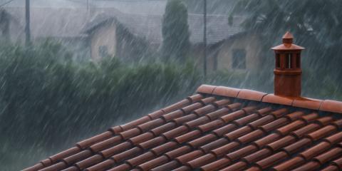 Pluie torrentielle et rafales de vent sur un toit en tuiles, illustrant une fuite de toiture par forte pluie