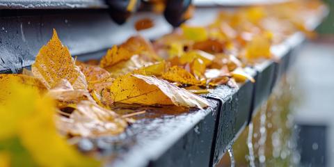 sous la pluie, gros plan d'une gouttière bouchée de feuilles jaunies avec de l'eau qui déborde