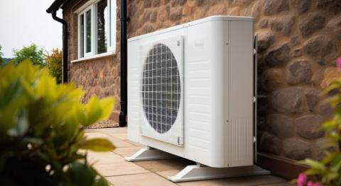 unite exterieure d une pompe a chaleur dans une maison ancienne aux murs en pierres