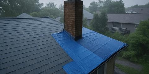 Vue aérienne d'un toit bâché en bleu sous pluie, pour illustrer le concept de prix pour une pose réalisée en urgence.