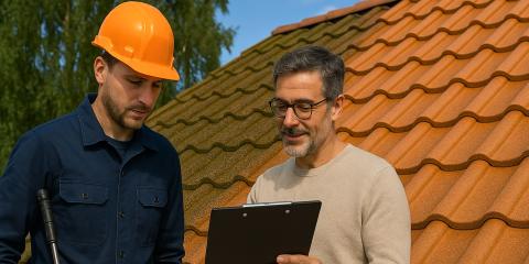Artisan couvreur et client en train de discuter du prix du nettoyage de la toiture 