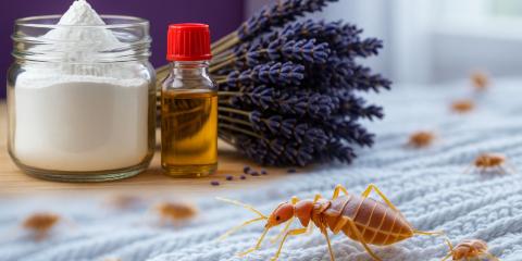 Poudre blanche dans un bocal, flacon d’huile essentielle, bouquet de lavande et punaises de lit sur un tissu en gros plan – illustration de trucs de grand-mère contre les punaises de lit